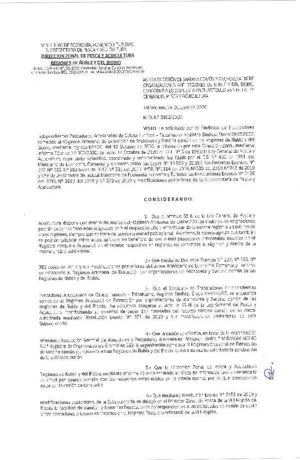 Res. Ex. N° 102-2020 (DZP Ñuble y del Biobío) Autoriza cesión Sardina Común y Anchoveta Región de Ñuble-Biobío (Publicado en Página Web 15-10-2020)