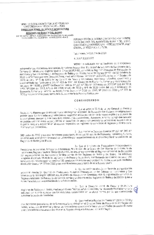 Res. Ex. N° 0103-2020 (DZP Ñuble y del Biobío) Autoriza cesión Sardina Común y Anchoveta Región de Ñuble-Biobío (Publicado en Página Web 15-10-2020)