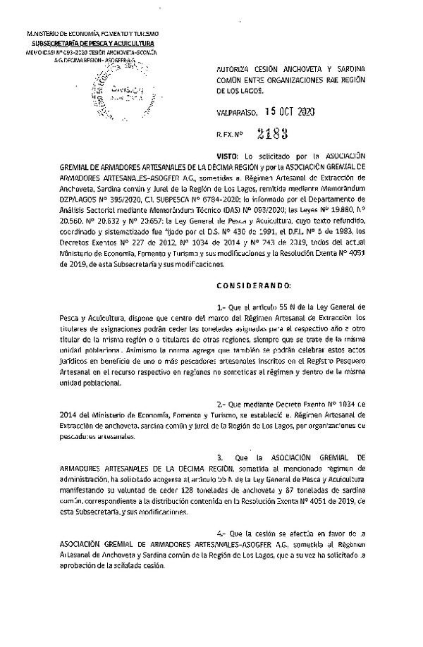 Res. Ex. N° 2183-2020 Autoriza Cesión anchoveta y sardina común Región Los Lagos. (Publicado en Página Web 15-10-2020).