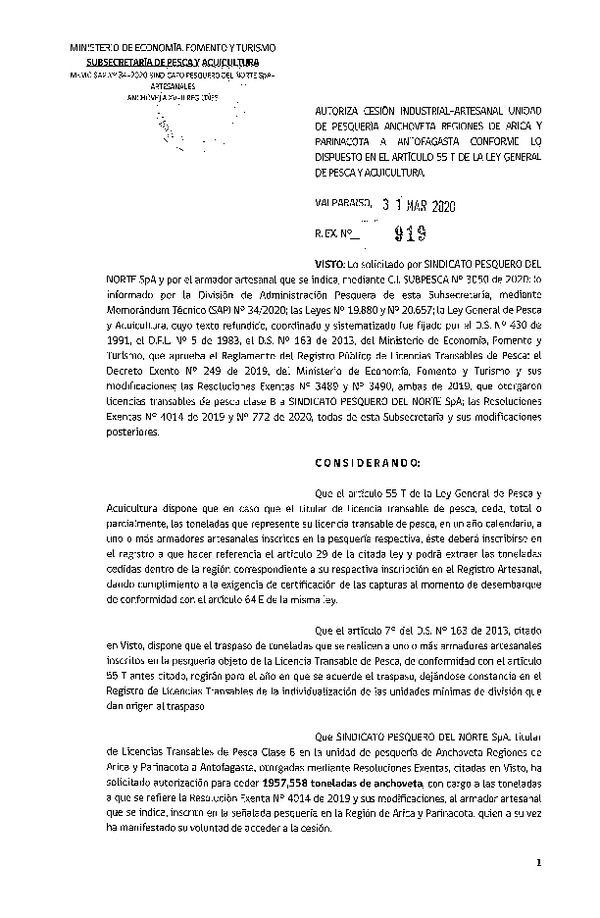 Res. Ex. N° 919-2020 Autoriza cesión pesquería Anchoveta, Regiones de Arica y Parinacota a Antofagasta. (Publicado en Página Web 31-03-2020)