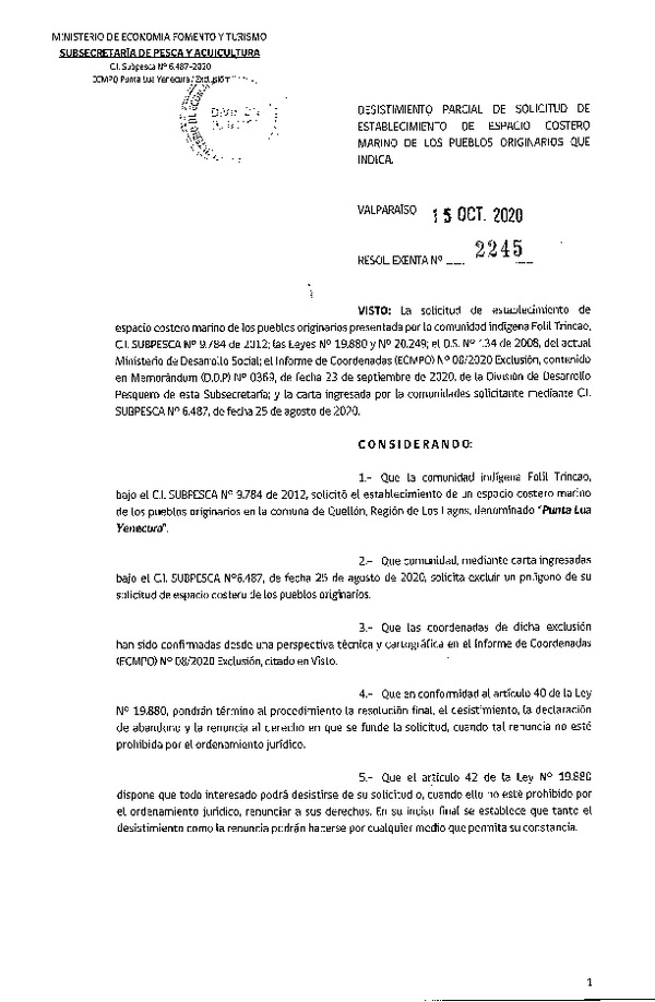 Res. Ex. N° 2245-2020 Desistimiento parcial de solicitud de ECMPO que indica. (Publicado en Página Web 19-10-2020)
