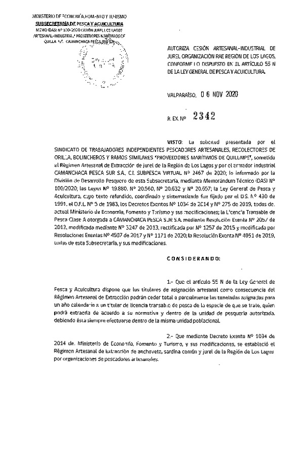 Res Ex N° 2342-2020, Autoriza Cesión de Jurel Región de Los Lagos. (Publicado en Página Web 06-11-2020).