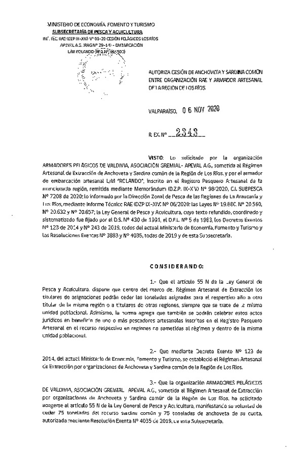 Res. Ex. N° 2343-2020 Autoriza Cesión anchoveta y sardina común Región del Biobío a Región de Los Ríos. (Publicado en Página Web 06-11-2020).