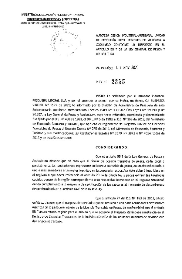 Res. Ex. N° 2355-2020 Autoriza cesión pesquería Jurel, de Regiones de Atacama a Coquimbo. (Publicado en Página Web 11-11-2020)