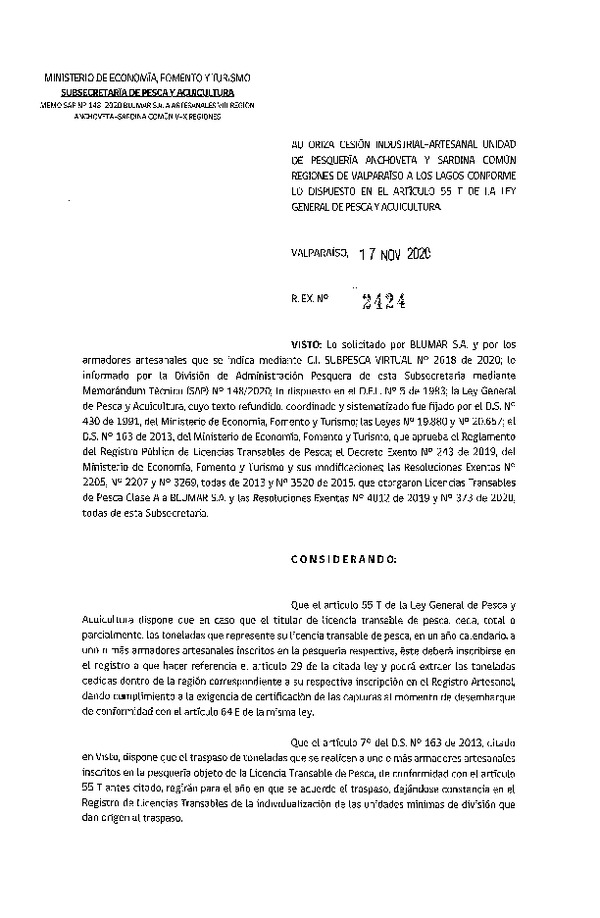 Res. Ex. N° 2424-2020 Autoriza Cesión anchoveta y sardina común Regiones Valparaíso-Los Lagos (Publicado en Página Web 17-11-2020).