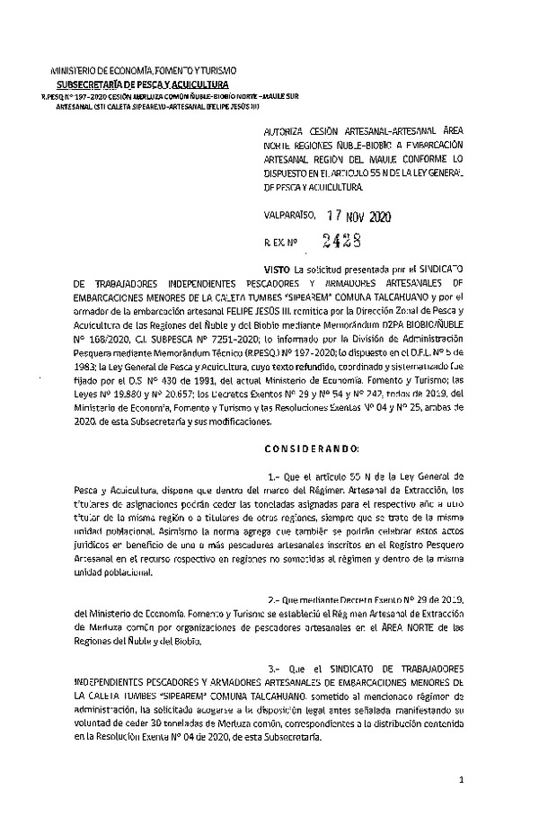 Res. Ex. N° 2428-2020 Autoriza cesión Merluza común Regiones Ñuble - Biobío a Región del Maule. (Publicado en Página Web 17-11-2020)