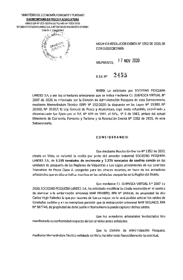 Res. Ex. N° 2455-2020 Modifica Res. Ex. N° 1352-2020 Autoriza Cesión anchoveta y sardina común Regiones Valparaíso-Los Lagos (Publicado en Página Web 19-11-2020).