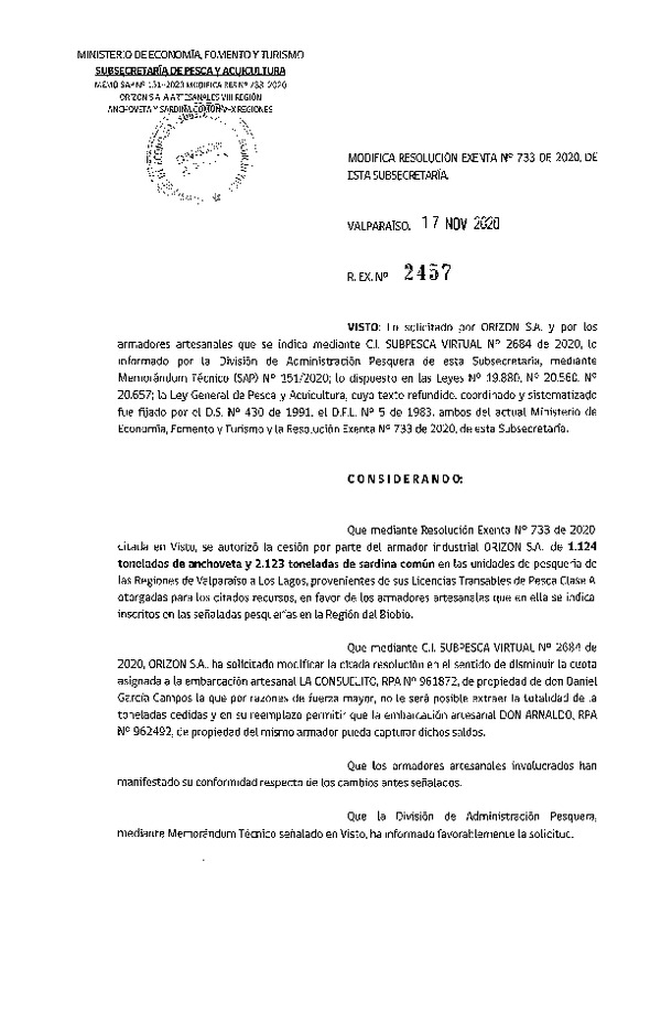 Res. Ex. N° 2457-2020 Modifica Res. Ex N° 733-2020, Autoriza Cesión anchoveta y sardina común Regiones Valparaíso-Los Lagos (Publicado en Página Web 19-11-2020).