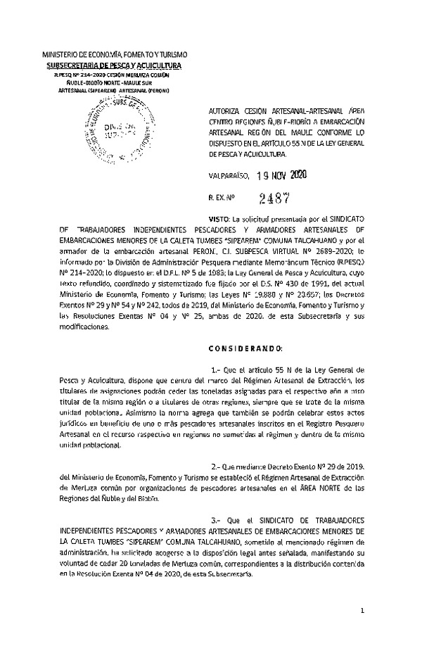 Res. Ex. N° 2487-2020 Autoriza cesión Merluza común Regiones Ñuble - Biobío a Región del Maule. (Publicado en Página Web 20-11-2020)