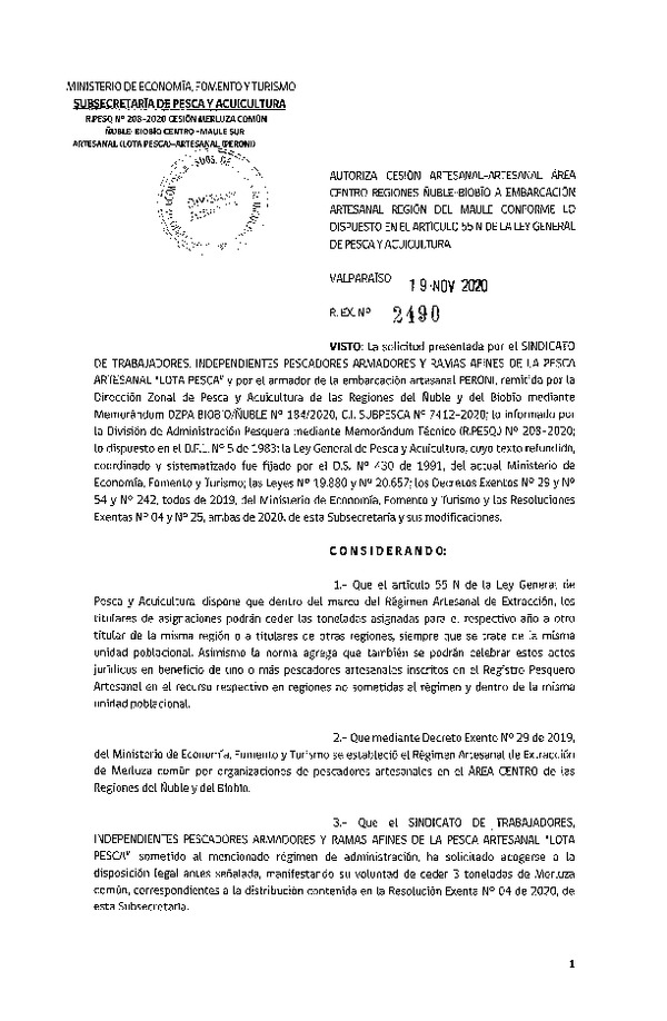 Res. Ex. N° 2490-2020 Autoriza cesión Merluza común Regiones Ñuble - Biobío a Región del Maule. (Publicado en Página Web 20-11-2020)