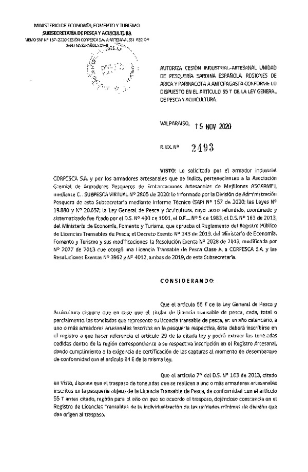 Res. Ex. N° 2493-2020 Autoriza cesión pesquería Sardina española, Regiones de Arica y Parinacota a Antofagasta. (Publicado en Página Web 20-11-2020)