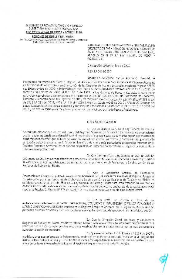 Res. Ex. N° 113-2020 (DZP Ñuble y del Biobío) Autoriza cesión Sardina Común y Anchoveta Región de Ñuble-Biobío (Publicado en Página Web 23-11-2020)