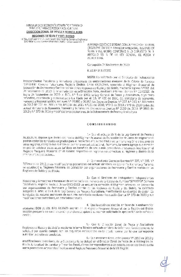 Res. Ex. N° 117-2020 (DZP Ñuble y del Biobío) Autoriza cesión Sardina Común y Anchoveta Región de Ñuble-Biobío (Publicado en Página Web 24-11-2020)