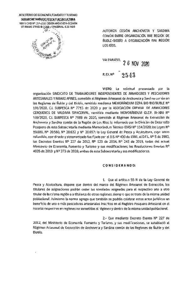 Res. Ex. N° 2543-2020 Autoriza Cesión anchoveta y sardina común Región del Biobío a Región de Los Ríos. (Publicado en Página Web 27-11-2020).