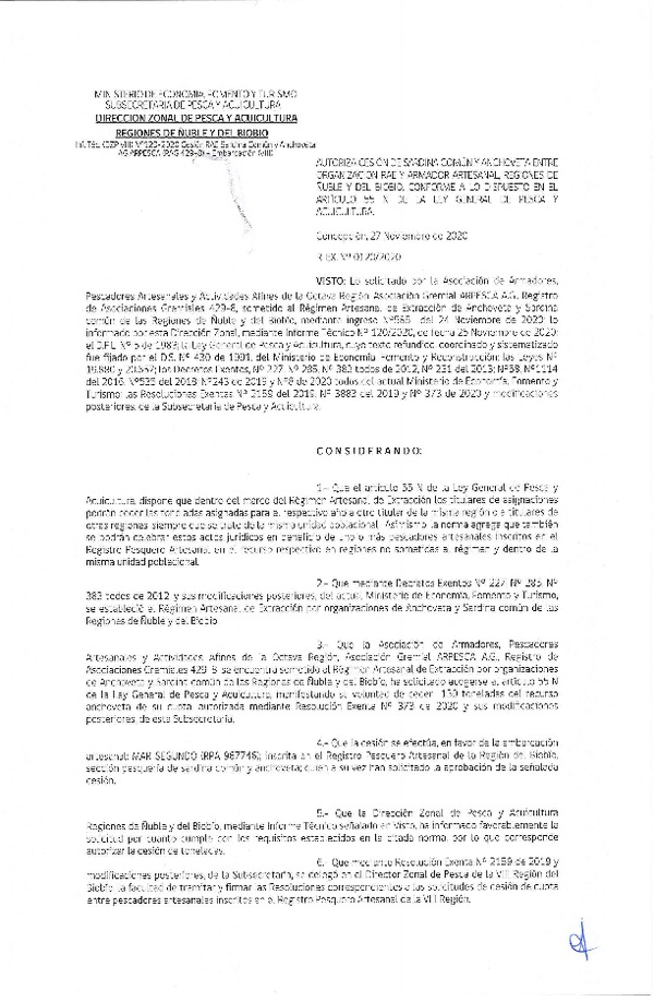 Res. Ex. N° 120-2020 (DZP Ñuble y del Biobío) Autoriza cesión Sardina Común y Anchoveta Región de Ñuble-Biobío (Publicado en Página Web 27-11-2020)