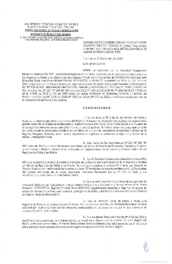 Res. Ex. N° 123-2020 (DZP Ñuble y del Biobío) Autoriza cesión Sardina Común y Anchoveta Región de Ñuble-Biobío (Publicado en Página Web 27-11-2020)