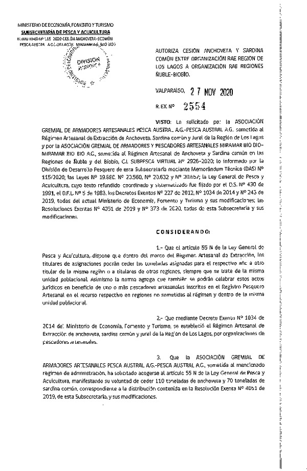 Res. Ex. N° 2554-2020 Autoriza Cesión anchoveta y sardina común Región de Los Lagos a Regiones Ñuble - -Biobío. (Publicado en Página Web 27-11-2020)