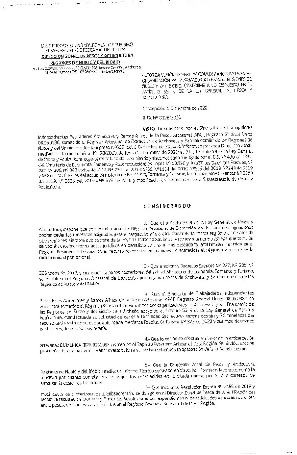 Res. Ex. N° 128-2020 (DZP Ñuble y del Biobío) Autoriza cesión Sardina Común y Anchoveta Región de Ñuble-Biobío (Publicado en Página Web 02-12-2020)