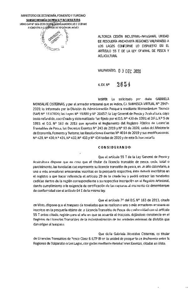 Res. Ex. N° 2654-2020 Autoriza Cesión anchoveta Regiones Valparaíso-Los Lagos (Publicado en Página Web 04-12-2020).