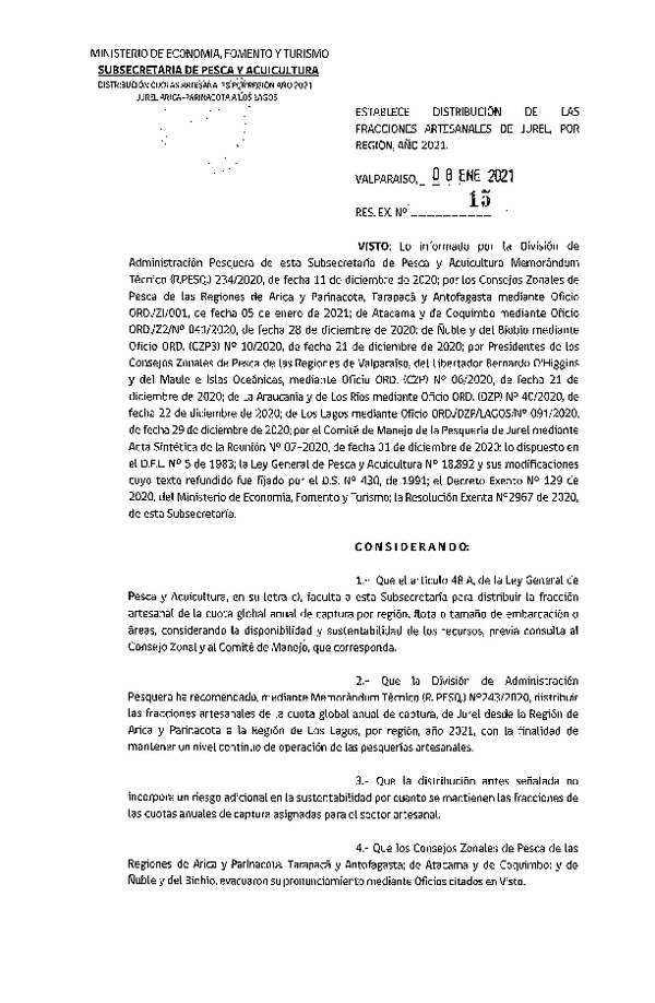 Res. Ex. N° 15-2021 Establece Distribución de las Fracciones Artesanales de Jurel por Región, Año 2021. (Publicado en Página Web 11-01-2021)