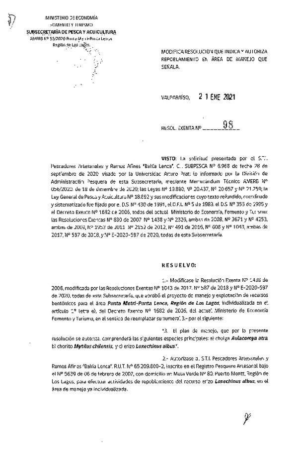 Res. Ex. N° 98-2021 Modifica Res. Ex. N° 1438-08 PLAN DE MANEJO. (Publicado en Página Web 26-01-2021)