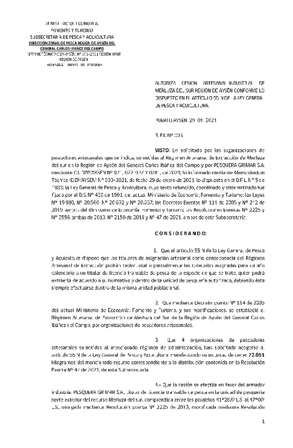 Res. Ex. N° 003-2021 (DZP Región de Aysén) Autoriza cesión Merluza del Sur.