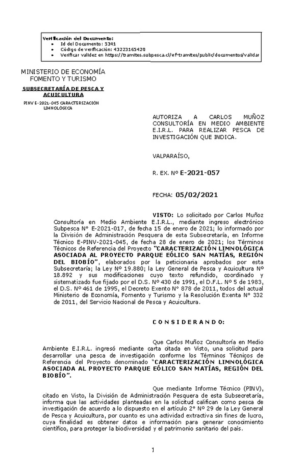 R. EX. N° E-2021-057 Autoriza a Carlos Muñoz Consultoría en Medio Ambiente E.I.R.L. para realizar pesca de investigación que indica (Publicado en Página Web 05-02-2021)
