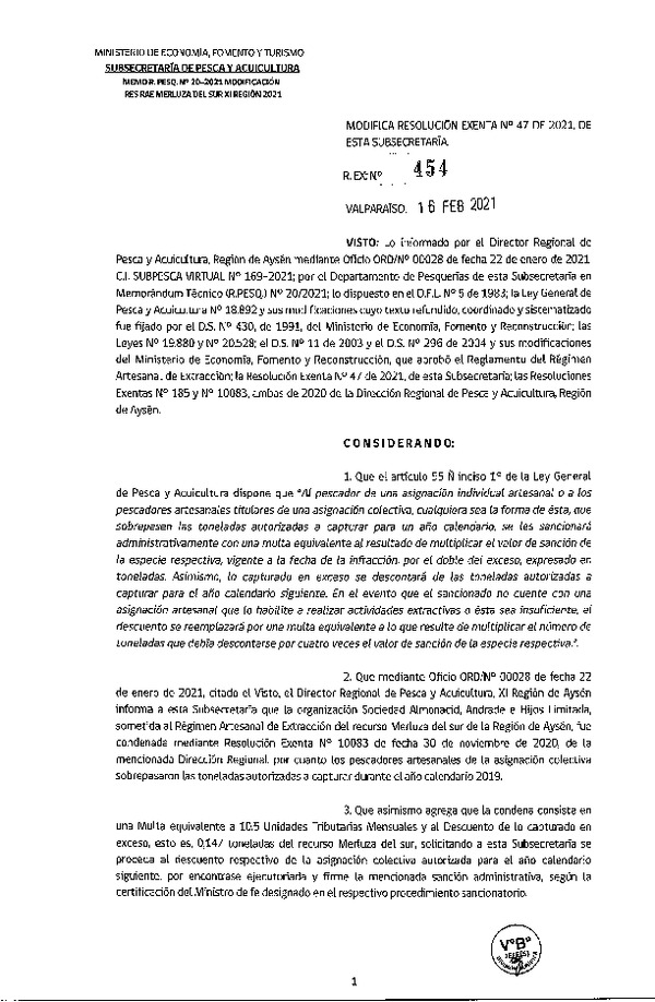Res. Ex. N° 454-2021 Modifica Res. Ex. N° 47-2021 Distribución de la Fracción Artesanal de Pesquería de Merluza del Sur por Organizaciones, Región de Aysén, Año 2021. (Publicado en Página Web 16-02-2021)