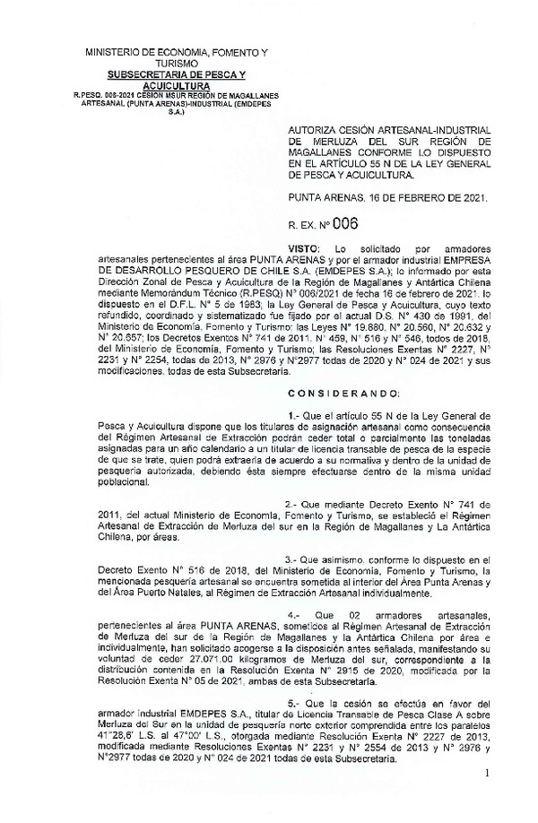 Res. Ex. N° 006-2021 (DZP Región de Magallanes) Autoriza cesión Merluza del Sur. (Publicado en Página Web 18-02-2021)