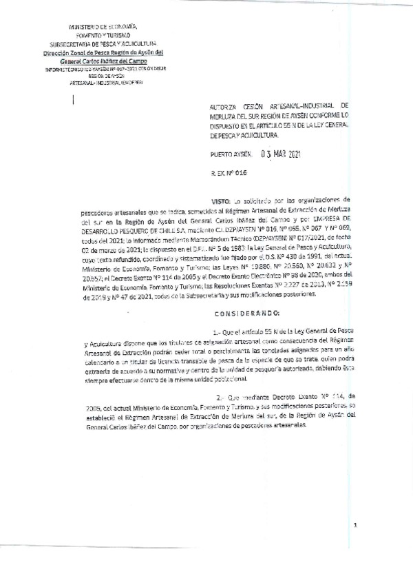 Res. Ex. N° 016-2021 (DZP Región de Aysén) Autoriza cesión Merluza del Sur. (Publicado en Página Web 04-03-2021)