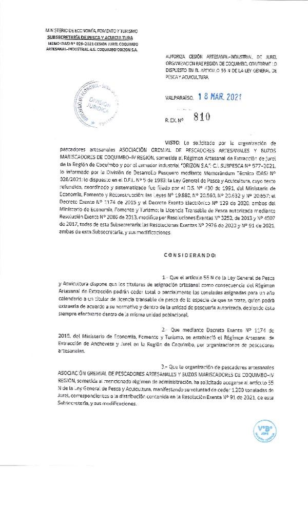 Res Ex N° 810-2021, Autoriza Cesión de Jurel Región de Coquimbo. (Publicado en Página Web 18-03-2021).