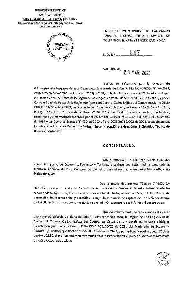 Res. Ex. N° 917-2021 Establece Talla Mínima de Extracción para el Recurso Erizo y Margen de Tolerancia en Regiones de Los Lagos y de Aysén. (Publicado en Página Web 26-03-2021)