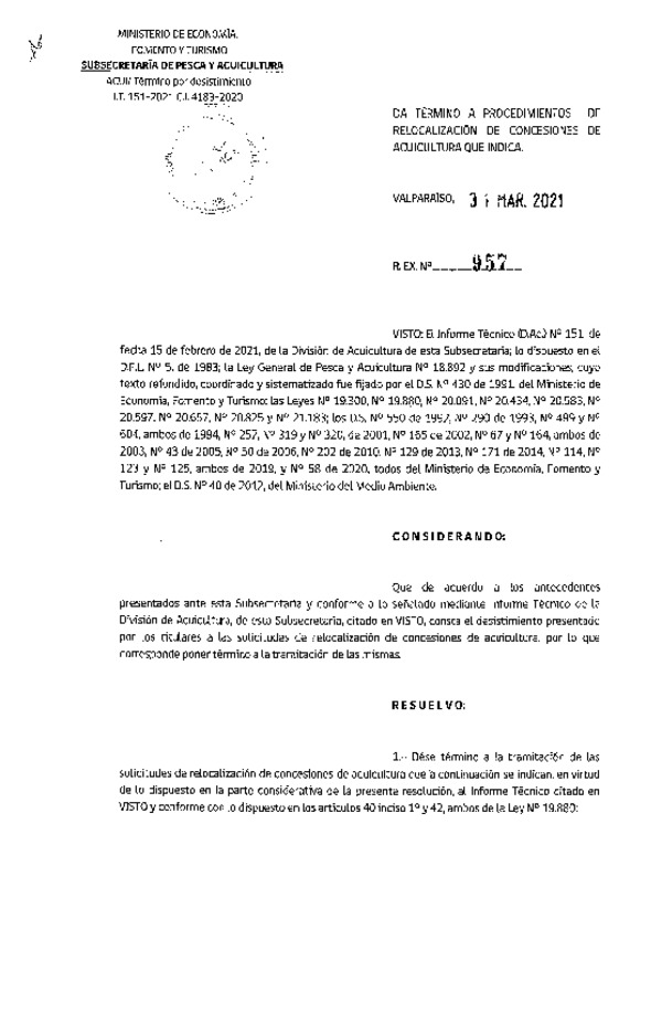 Res. Ex. N° 957-2021 Da término a procedimientos de relocalización de concesiones de acuicultura que indica.