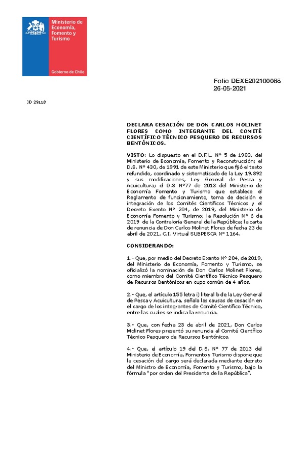 Dec. Ex. Folio DEXE202100088 Declara Cesación de don Carlos Molinet Flores como Integrante del Comité Científico Técnico Pesquero de Recursos Bentónicos. (Publicado en Página Web 26-05-2021)