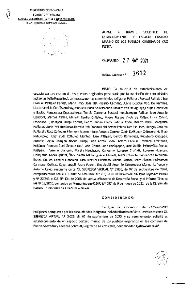 Res. Ex. N° 1632-2021 Acoge a trámite solicitud de establecimiento de ECMPO Aylla Rewe Budi, Región de La Araucanía. (Publicado en Página Web 31-05-2021)