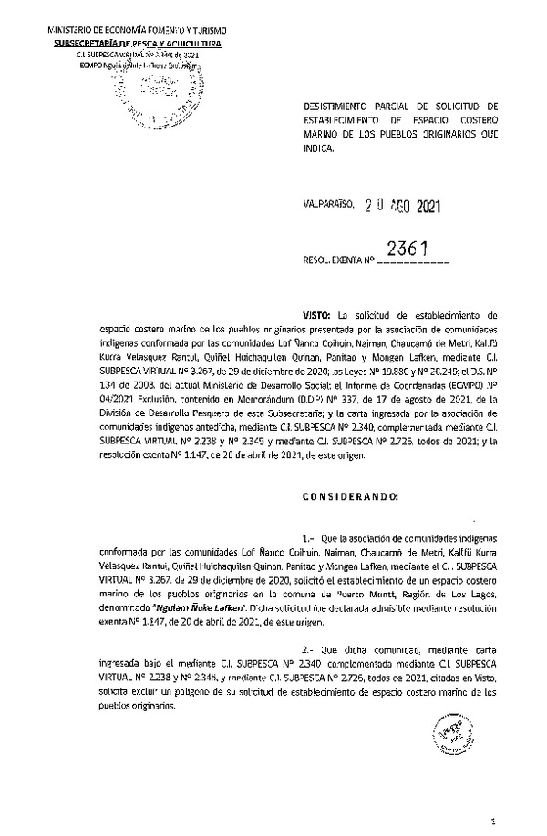 Res. Ex. N° 2361-2021 Desistimiento parcial de solicitud de ECMPO que indica. (Publicado en Página Web 24-08-2021)