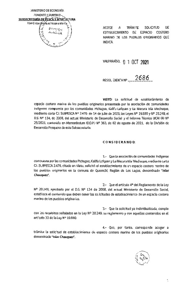 Res. Ex. N° 2686-2021 Acoge a trámite solicitud de establecimiento de ECMPO Islas Chauques. (Publicado en Página  Web 04-01-2021)
