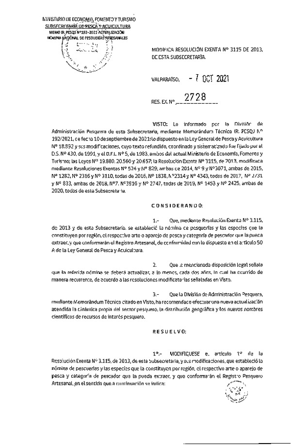 Res. Ex. N° 2728-2021 Modifica Res. Ex. N° 3115-2013 Nómina Nacional de Pesquerías Artesanales. (Publicado en Página Web 08-10-2021)