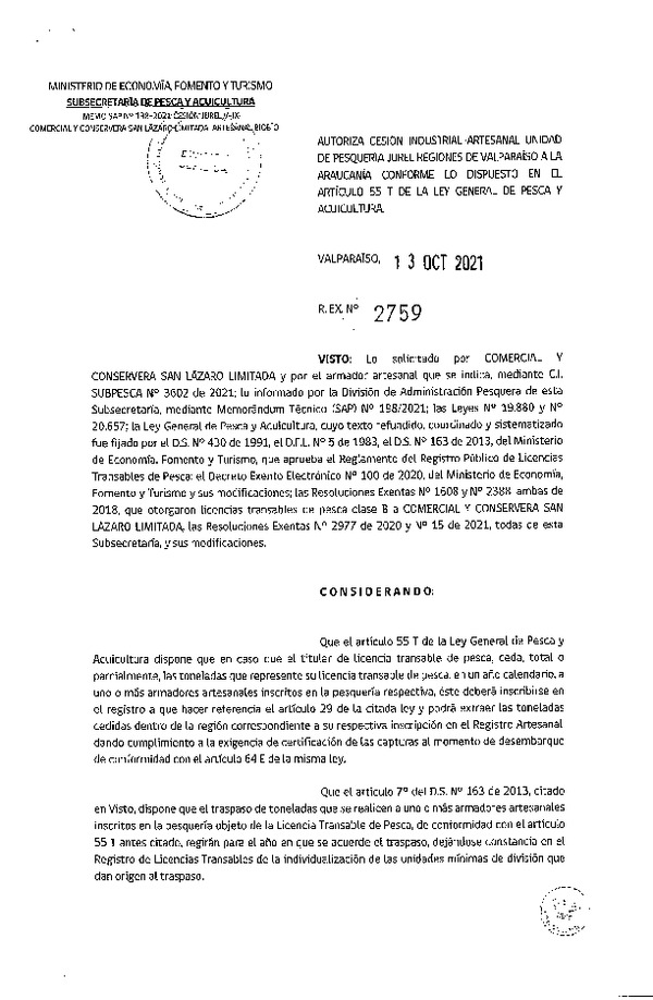 Res. Ex. N° 2759-2021 Autoriza Cesión Industrial-Artesanal Unidad de pesquería Jurel, regiones de Valparaíso a la Araucanía. (Publicado en Página Web 14-10-2021)