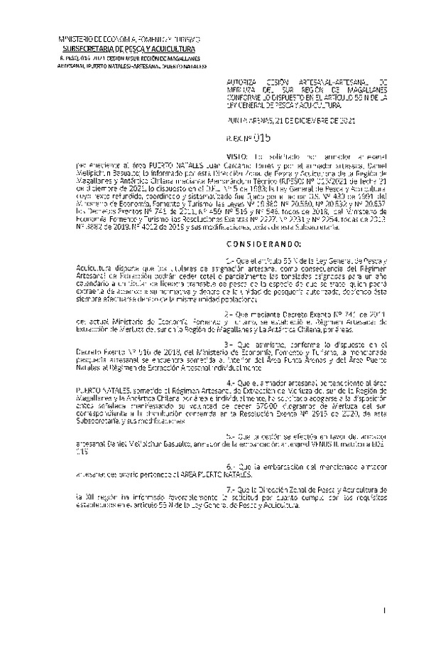 Res Ex. N° 015-2021 (DZP de Magallanes y La Antártica Chilena) Autoriza Cesión Merluza del sur. (Publicado en Página Web 23-12-2021)