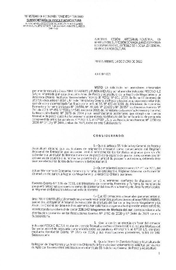 Res. Ex. N° 001-2021 (DZP Región de Magallanes) Autoriza cesión Merluza del Sur. (Publicado en Página Web 14-01-2022)