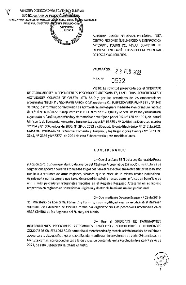 Res. Ex. N° 522-2022 Autoriza Cesión de Merluza Común de Ñuble-Biobío a Región del Maule. (Publicado en Página Web 01-03-2022
