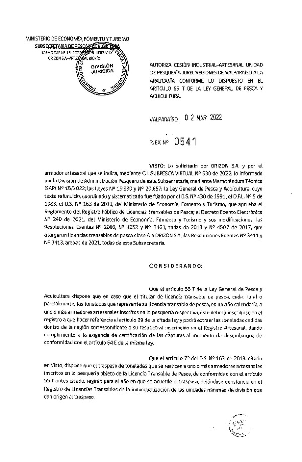 Res Ex N° 0541-2022, Autoriza Cesión de Jurel Regiones de Valparaíso a La Araucanía. (Publicado en Página Web 02-03-2022).
