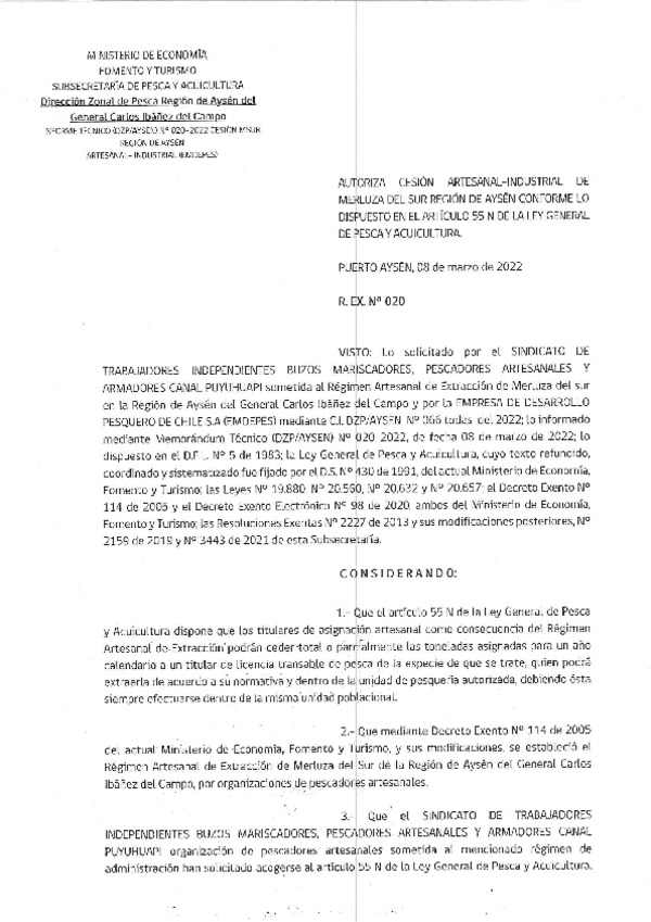 Res. Ex. N° 020-2022 (DZP Aysén) Autoriza cesión Merluza del Sur. (Publicado en Página Web 08-03-2022)