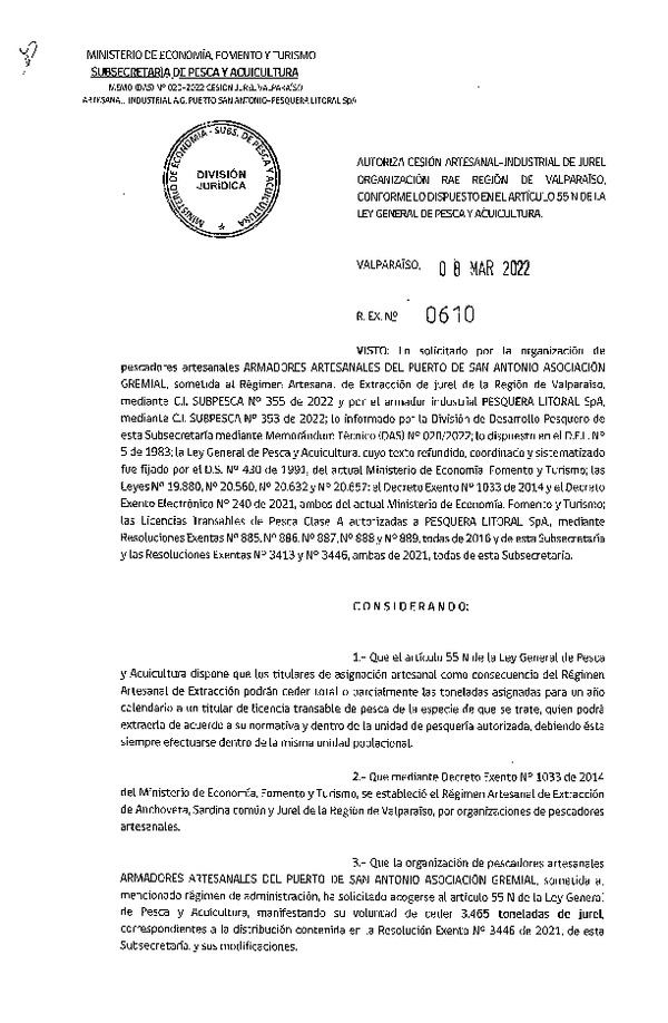 Res Ex N° 0610-2022, Autoriza Cesión de Jurel Región de Valparaíso. (Publicado en Página Web 09-03-2022).