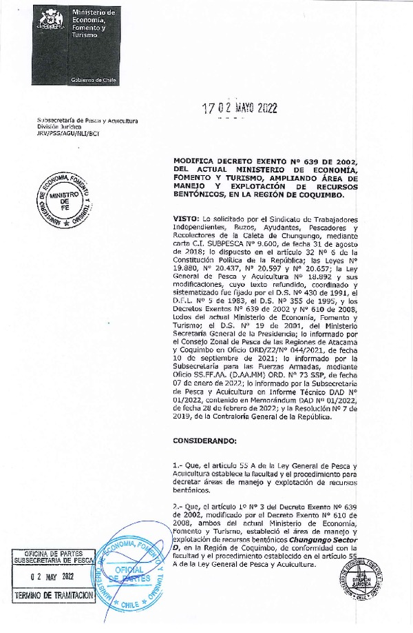 Dec. Ex. N° 17-2022 Modifica Dec. Ex. N° 639-2002 Chungungo Sector D, Región de Coquimbo. (Publicado en Página Web 03-05-2022)
