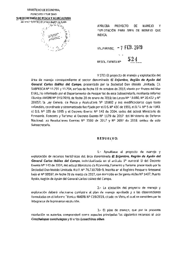Res. Ex. N° 524-2019 Aprueba Plan de Manejo.