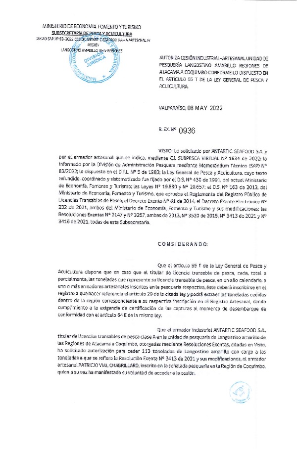 Res. Ex. N° 0936-2022, Autoriza Cesión unidad de pesquería Langostino amarillo, Regiones de Atacama a Coquimbo. (Publicado en Página Web 06-05-2022)
