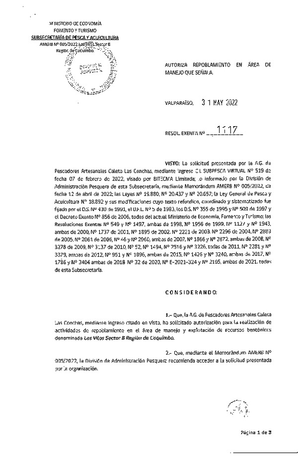 Res. Ex. N° 1117-2022 Autoriza repoblamiento en área de manejo que señala. (Publicado en Página Web 01-06-2022)