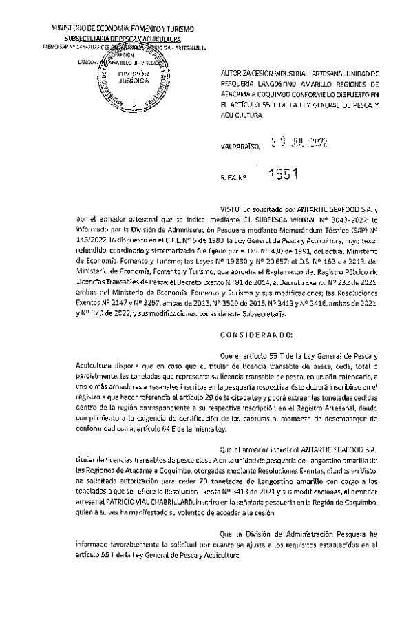 Res. Ex. N° 1551-2022, Autoriza Cesión unidad de pesquería Langostino amarillo, Regiones de Atacama a Coquimbo. (Publicado en Página Web 02-08-2022)